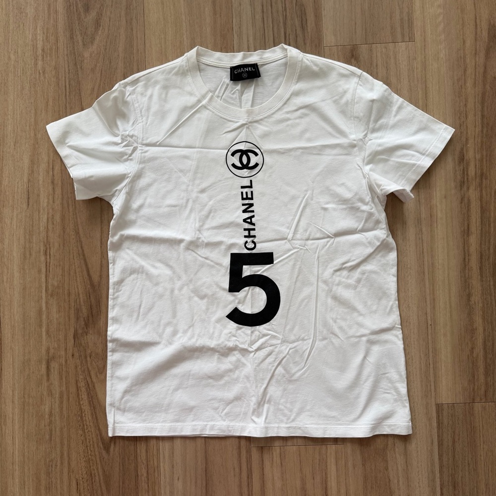 Chanel White Logo '5' Short Sleeve Cotton T-Shirt